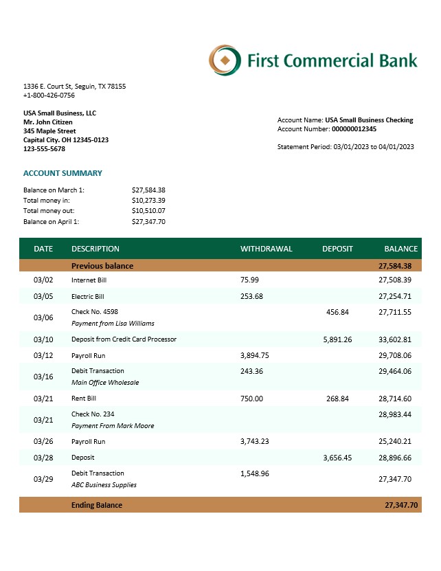 Modèle Word et PDF de déclaration d'entreprise de First Commercial Bank